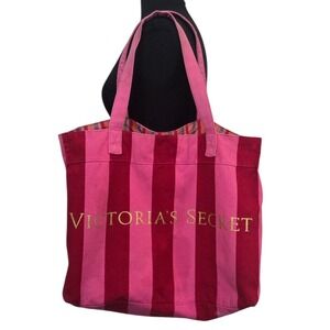 Victoria's Secret Y2K Canvas Beach Bag Tote Weekender Pink Red Stripes 17" x 13"